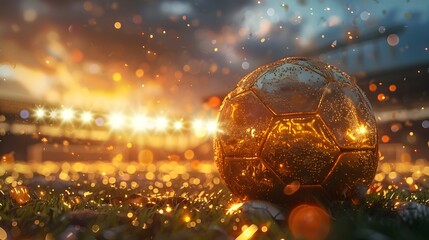 Fototapeta premium Golden Soccer Ball on Grass with Confetti and Stadium Lights.