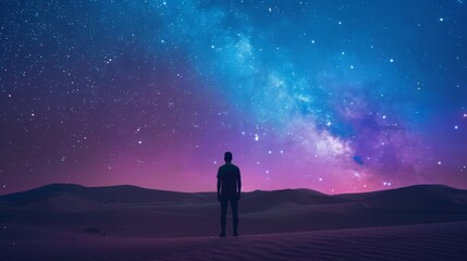 Fototapeta premium Man gazing at stars in desert with captivating milky way background in a realistic photo
