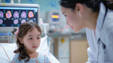 A pediatric doctor in the hospital is examining a little girl who is sick in the pediatric recovery room.
