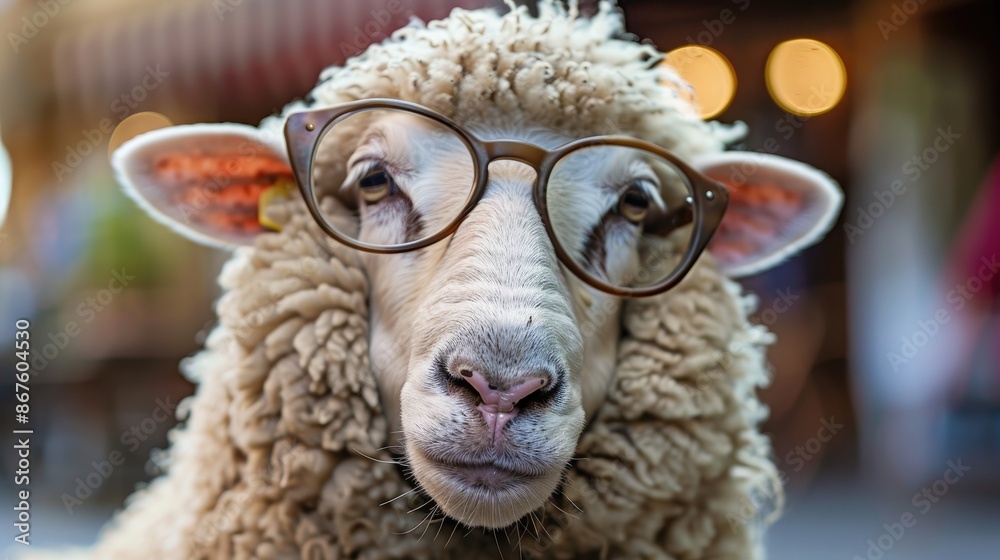 Canvas Prints sheep wearing glasses posing for camera with blurred background