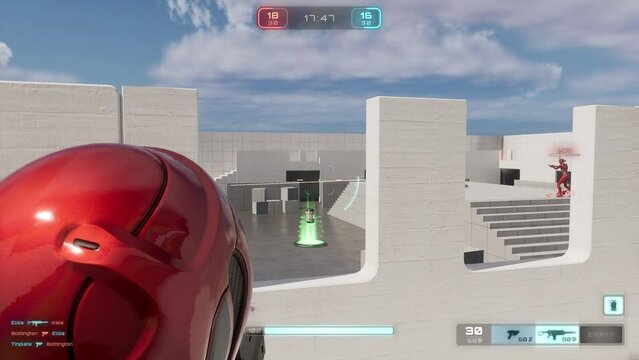 CGI footage of gameplay in third person shooter multiplayer video game, of red female android running around arena, collecting weapons and ammo, killing players and NPCs then dying and failing