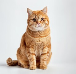 Obraz premium photo of ginger British shorthair cat sitting on white background, looking to camera and tail up, full body shot, isolated