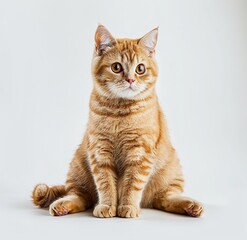 Obraz premium photo of ginger British shorthair cat sitting on white background, looking to camera and tail up, full body shot, isolated