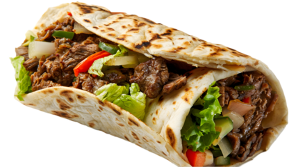  A high-definition image of a beef shawarma wrap, tightly packed with beef slices and vegetables, presented on a transparent background 