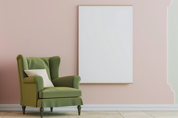 Fototapeta premium Pale pink wall with an olive green armchair and a blank mockup poster, earthy and soft panoramic view.