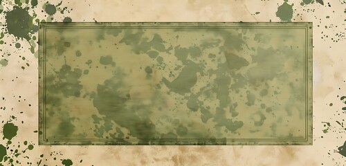 Broad perspective of an olive green frame on splotchy vintage wallpaper.