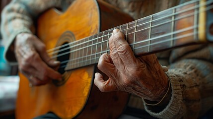 Fototapeta premium Close-up of Elderly Hands Playing Acoustic Guitar Indoors