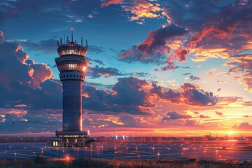 Obraz premium Clipart illustration of Air Traffic Control Tower Overseeing Operations The air traffic control tower standing tall, overseeing the entire airport and ensuring the safe and efficient movement of