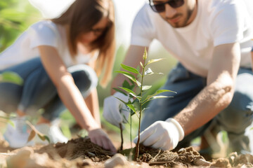 Fototapeta premium Two people planting a small tree together in a garden, focusing on teamwork and environmental conservation on a sunny day.