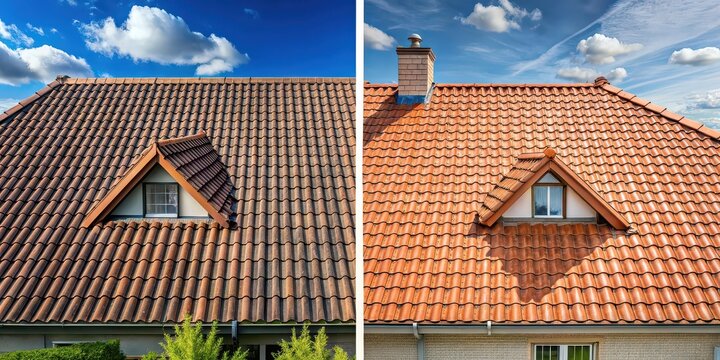 Half cleaned house roof showing before and after effect of roof cleaning , roof, house, cleaning, before, after, half