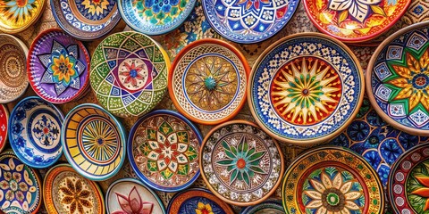 Colorful Moroccan dish plates with intricate traditional designs , Morocco, Africa, vibrant, colorful, traditional