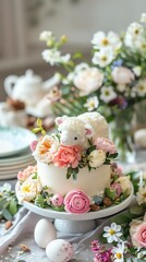 A charming Easter cake decorated with a fondant lamb and spring flowers.