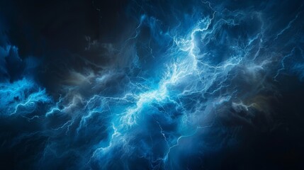 A vivid abstract visualization of a thunderstorm with electric blue currents crisscrossing a dark background, creating a powerful and dynamic light display.