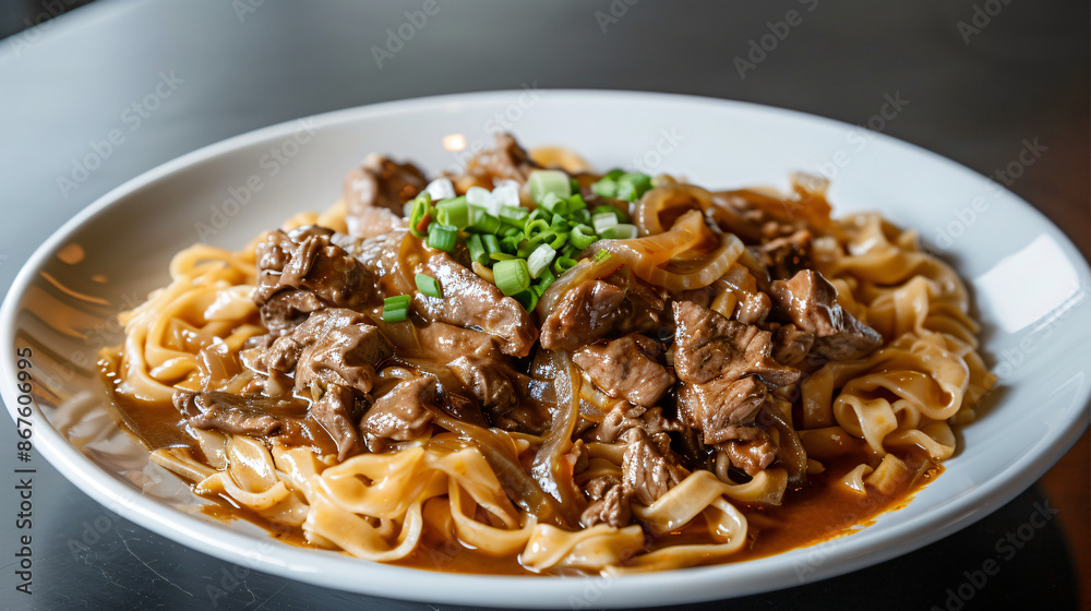 Wall mural Beef stew with onions and green onions served over noodles in a white dish - Wall murals