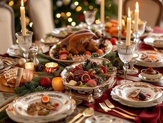 Naklejka premium A festive Christmas table setting with roasted turkey, fruit, and candles.