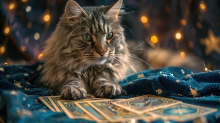 Majestic long-haired cat with tarot cards on a starry cloth, under fairy lights, creating a mystical and magical ambiance.