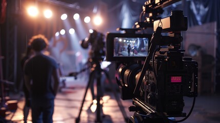a camera set up in front of a stage with lights on it and people standing around it in the background..