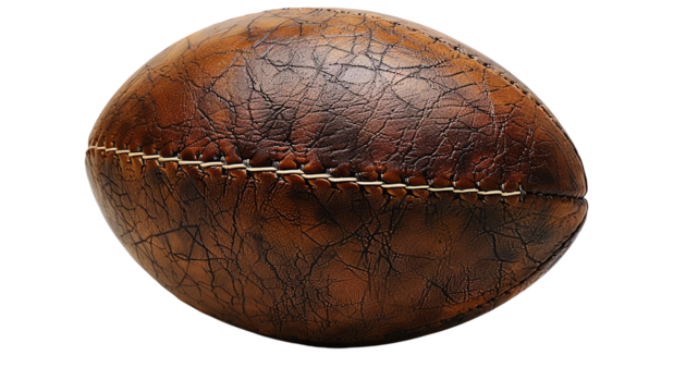 Old vintage ball for playing rugby. It is made of leather with red stitches. - Powered by Adobe