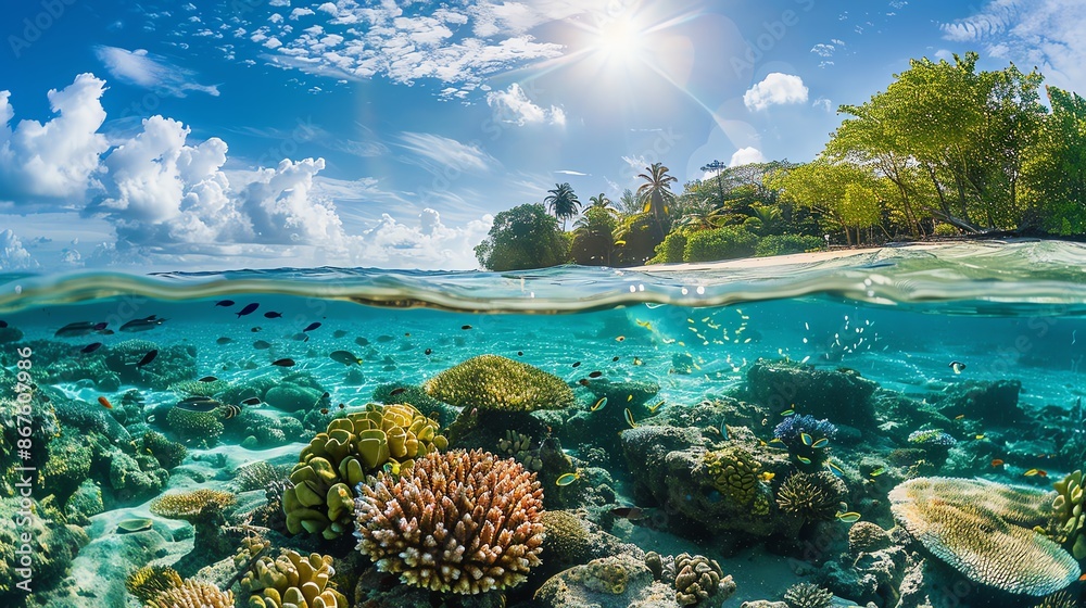 Wall mural A vibrant coral reef teeming with fish, seen from above and below the crystal-clear water surface.  A tropical island with lush greenery sits in the background, bathed in sunshine.