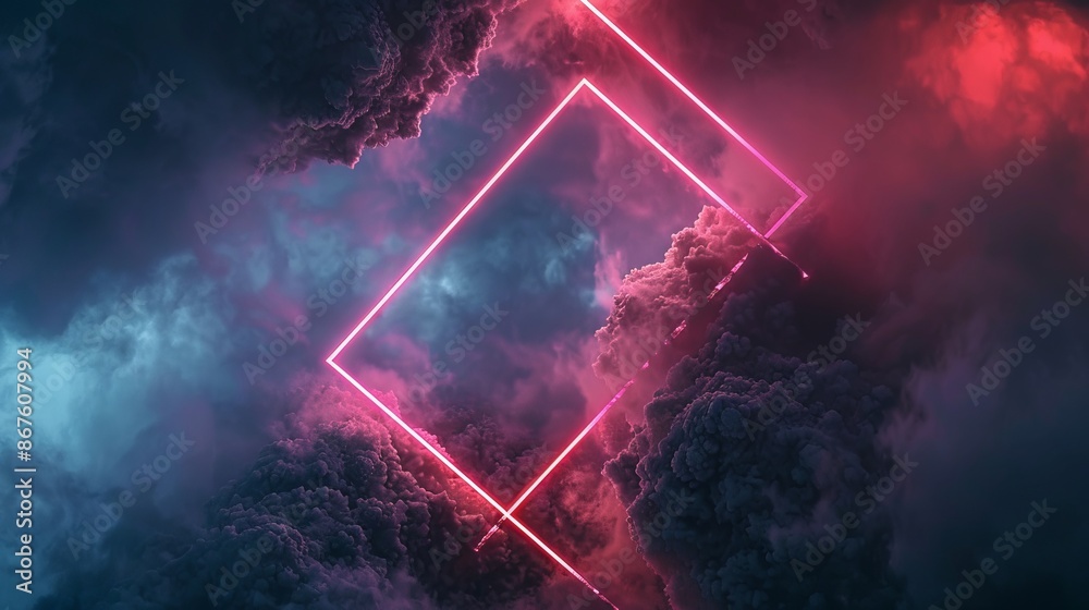 Wall mural abstract futuristic background with neon geometric shapes and stormy clouds on night sky - 3d render
