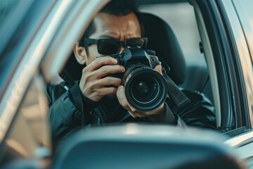 A young man, a private investigator, sits in a car and takes pictures. wearing a black jacket and sunglasses