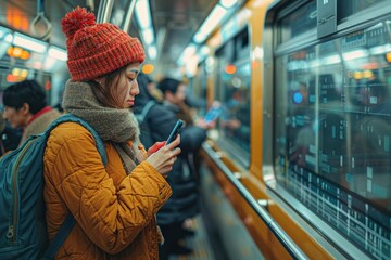 Obraz premium Clipart illustration of Public Transport Passenger Saving for Big Purchase Individual on crowded transport, using their phone app to monitor savings towards a major purchase like a bicycle or travel