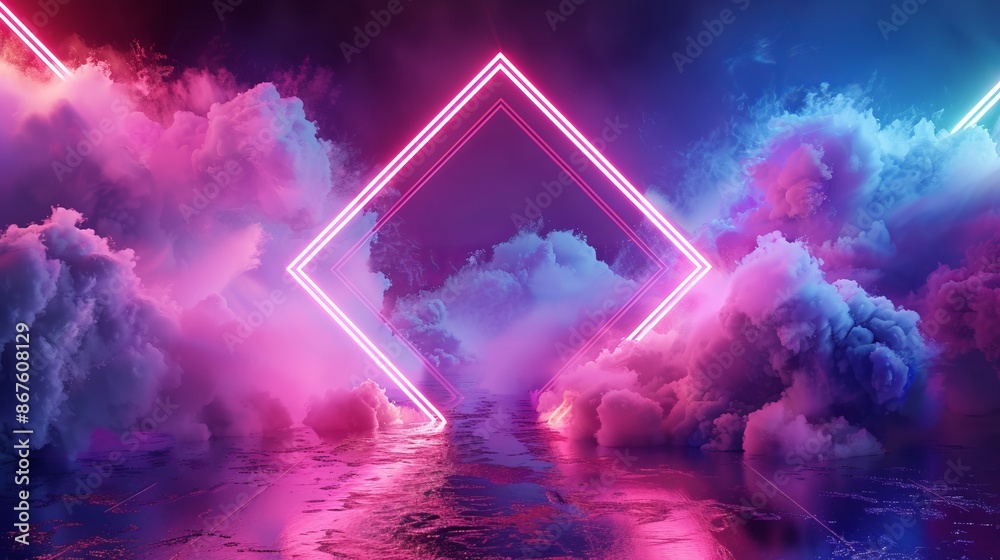 Wall mural abstract futuristic background with neon geometric shapes and stormy clouds on night sky - 3d render