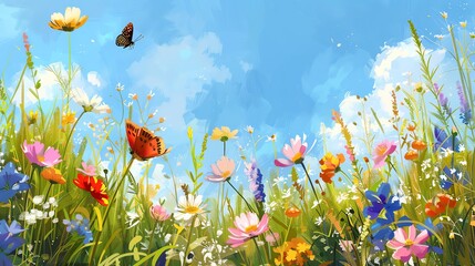 A vibrant meadow of wildflowers swaying in the breeze under a clear blue sky. Butterflies flit amongst the blossoms.