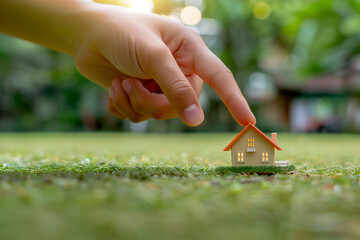 Hand is placing a miniature replica of a house on a lawn. Pointing gesture. Low angle close up shot illuminated by daylight.