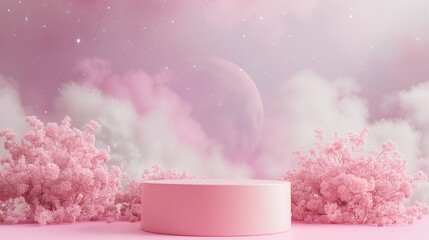 a pink object sitting on top of a table with clouds in the background