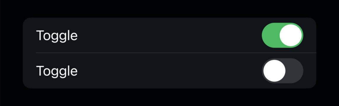 On Off toggle switch button settings Screen. Mobile wireframe design for phone, app, website user interface graphic for ux and ui. Dark mode switch slider in modern toggle, green and grey smartphone