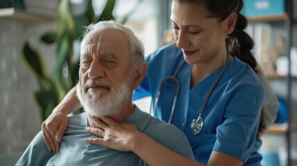 Fototapeta premium A nurse helps an elderly man recover from a spinal injury and provides physical therapy muscle massage.