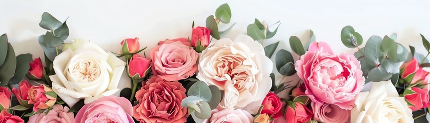 Fototapeta premium Close-up of pink and white roses with green leaves.