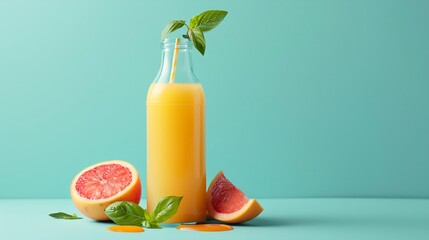 Fototapeta premium a bottle of orange juice with a few pieces of grapefruit and a leaf on the side of it..