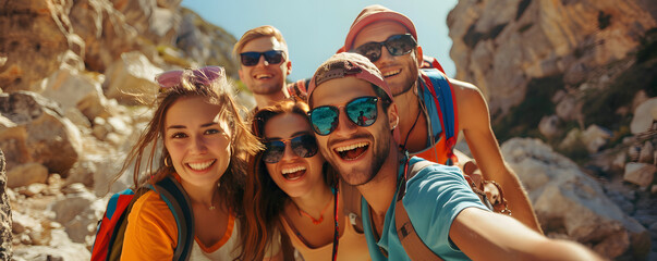 A group of happy friends are smiling and posing for a photo while hiking together in a sunny, rocky outdoor environment. Group of friends hiking and smiling in rocky terrain