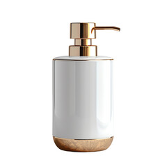 Obraz premium The image shows a white and gold soap dispenser, isolate on white background