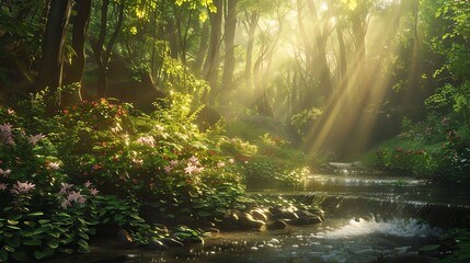 Obraz premium Sunbeams pierce through the canopy of a lush, green forest, illuminating a tranquil stream.