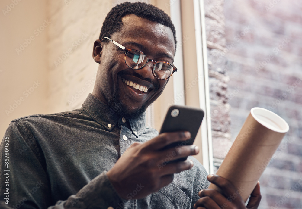 Poster black man, happy and phone with blueprint in office for building plan, research and communication. e