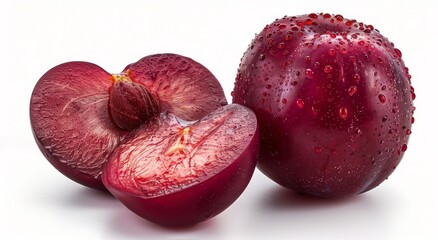 A Single Red Plum Cut In Half Against White Background