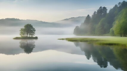 朝霧が漂う小島がある湖