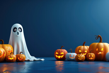 Cartoon ghost is standing on a dark blue background with carved pumpkins surrounding it