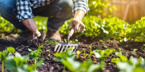 Fototapeta premium Shovel And Rake. Man digging garden with gardening tools in backyard