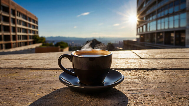 Coffee cup and coffee beans roating on the wooden table and the coffee shop background with copy space