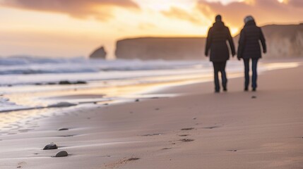 Serene Senior Woman Walking on Beach with Friend, Waves and Soft Sand - Relaxing Coastal Stroll with Gentle Waves