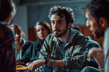 Fototapeta premium A leader is sharing his ideas with a serious business team thinking about solving problems together. Team Work