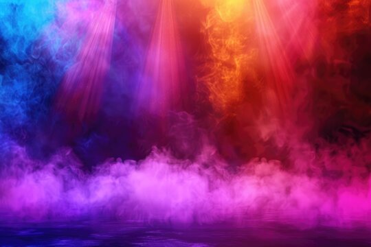 Colorful Spotlight Background. Disco Fun with Shining Stage Lights and Sparkling Fog