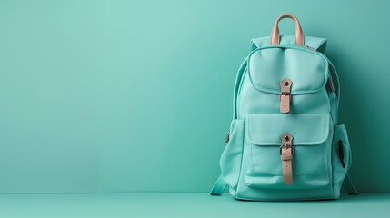Minimalist Shot of a Stylish Teal Backpack on a Teal Background