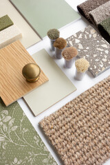 Interior Design Material Sample Board with Fabrics, Terrazzo, Wood, and Wallpaper for Home Decoration Mood Board Concept