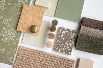 Interior Design Material Sample Board with Fabrics, Terrazzo, Wood, and Wallpaper for Home...