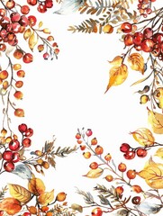 Fototapeta premium Fall Floral Border. Blank Christmas or Autumn Wedding Invitations with Red and Yellow Berries Corner Arrangements